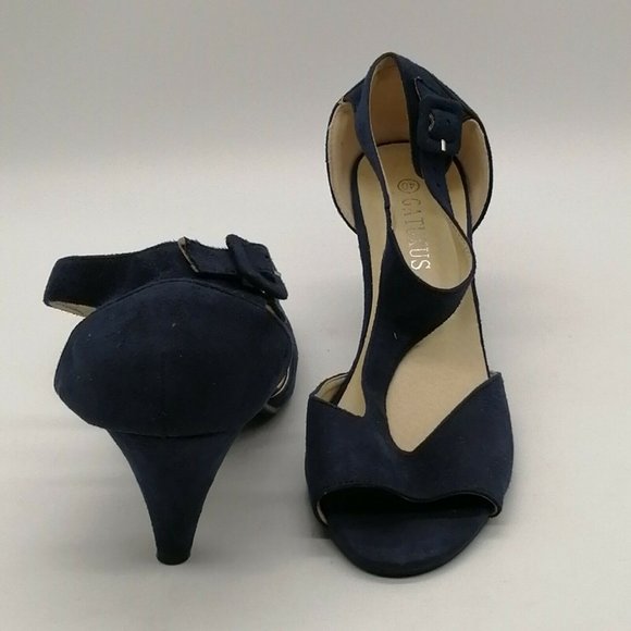 Gatuxus Womens Kitten Heel Peep Toe T-Strap‎ Pump Cushioned Navy Blue EUR 40 - Picture 3 of 9